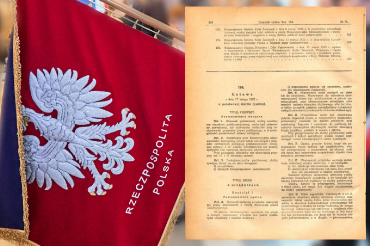sztandar KSAP i pierwsza strona ustawy o państwowej służbie cywilnej